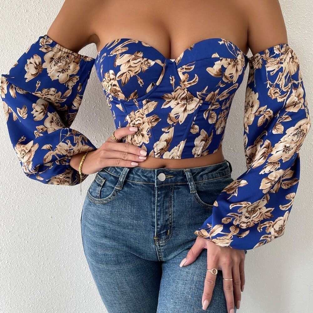 Multicolor Boho Women's Off Shoulder Floral Print Lantern Sleeve Crop Top - Picture 4 of 6